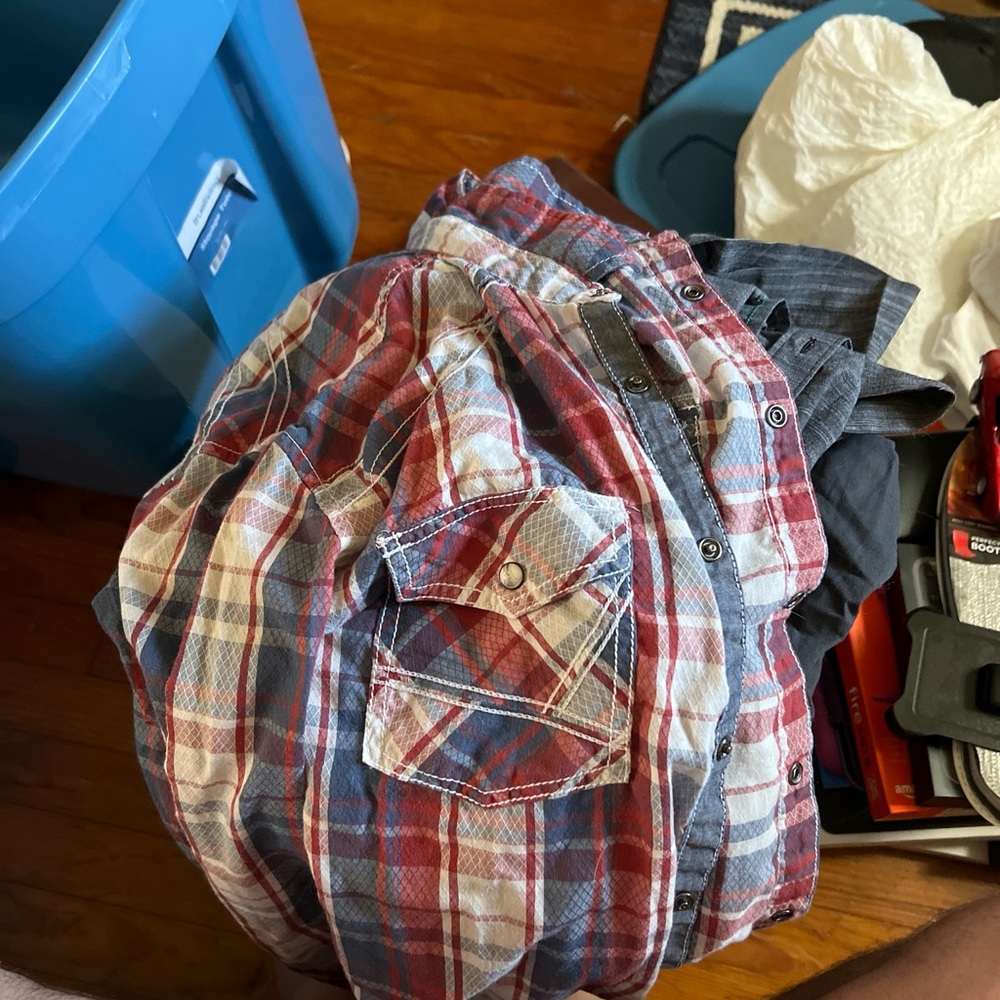 Red and Blue Plaid Button-Up Shirt Pearl Snap BKE